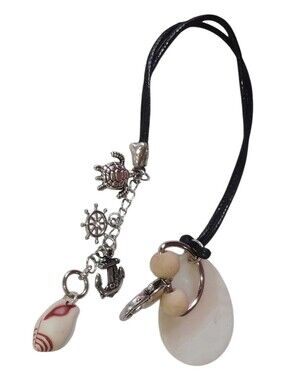 Upcycled Nautical Shell Keychain BagCharm Black Cord Silver Tone  Wristlet